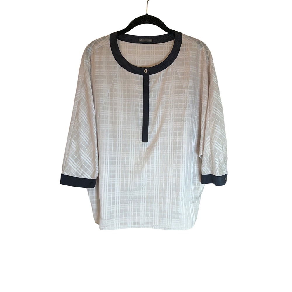 Armani Exchange‎ Gray Plaid Dolman Sleeve Henley Blouse Navy Trim